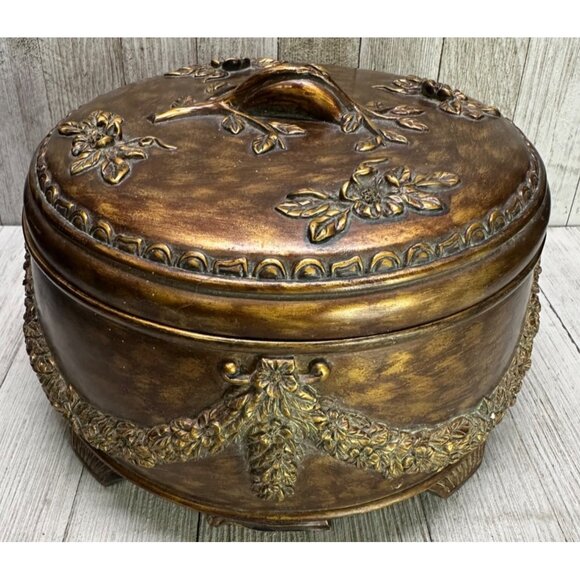Vtg Resin Trinket Jewelry Box 8.5" Round Floral Design w/ Lid Decor 5.5" Tall - Picture 1 of 12